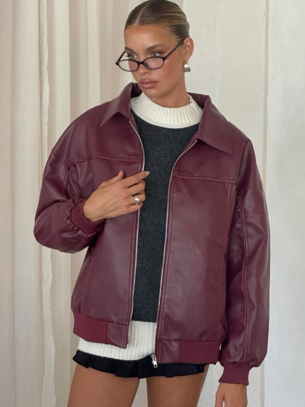 Goldsmith Faux Leather Bomber Jacket Burgandy